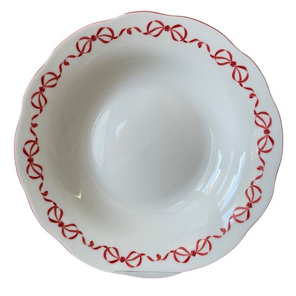 Red Bow Border Ceramic 9in Dinner Bowls Set of 4 Eaton Fine Dining Holiday New - Picture 1 of 16